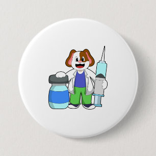 Dog als dokter met spuit ronde button 7,6 cm