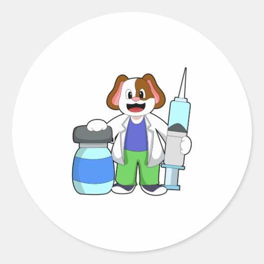 Dog als dokter met spuit ronde sticker (Voorkant)