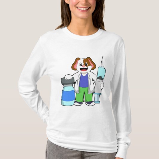 Dog als dokter met spuit t-shirt (Voorkant)
