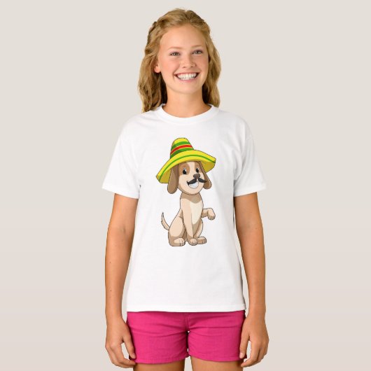 Dog als Mexicaan met pet van riet T-shirt (Voorkant volledig)