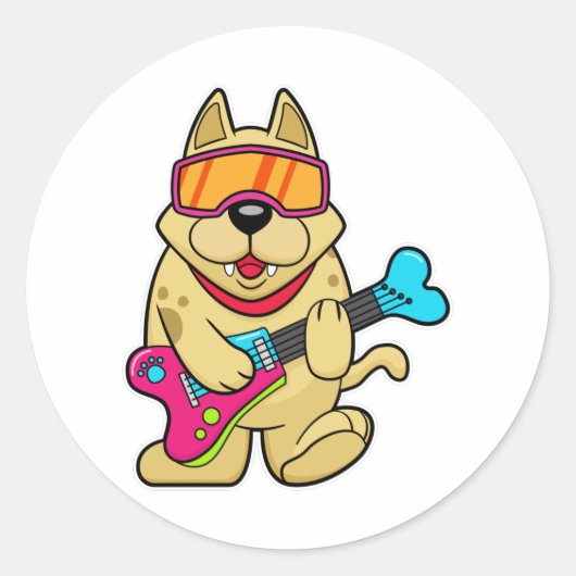 Dog als Musicaan met Guitar Ronde Sticker (Voorkant)