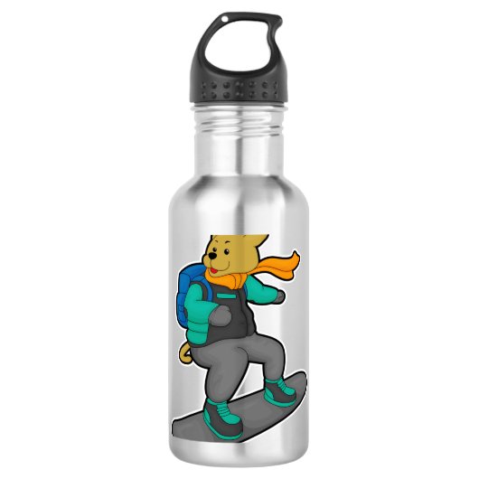Dog als Snowboarder met Snowboard & Backpack Waterfles (Voorkant)