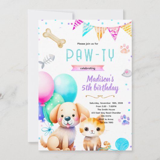 Dog and Cat Birthday Invitation Kaart (Voorkant)