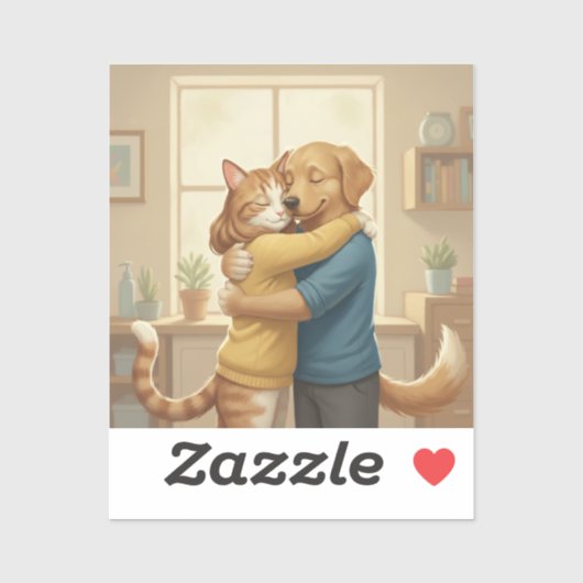 Dog and Cat Hug Custom-Cut Vinyl Sticker (Vel)