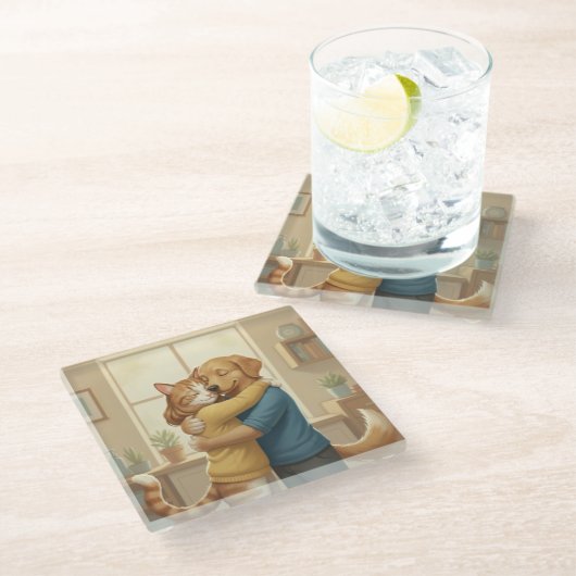 Dog and Cat Hug Glass Coaster Glazen Onderzetter (Schuin)