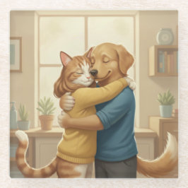 Dog and Cat Hug Glass Coaster Glazen Onderzetter