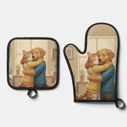 Dog and Cat Hug Oven Mitt and Pot Holder Set (Voorkant)