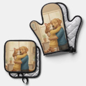 Dog and Cat Hug Oven Mitt and Pot Holder Set (Voorkant / Achterkant)