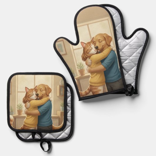 Dog and Cat Hug Oven Mitt and Pot Holder Set (Voorkant / Achterkant)