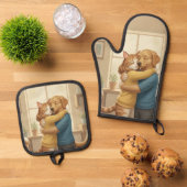 Dog and Cat Hug Oven Mitt and Pot Holder Set (Top down)