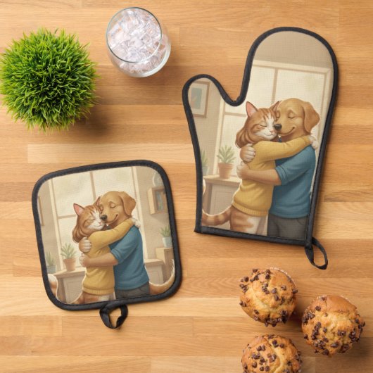 Dog and Cat Hug Oven Mitt and Pot Holder Set (Top down)