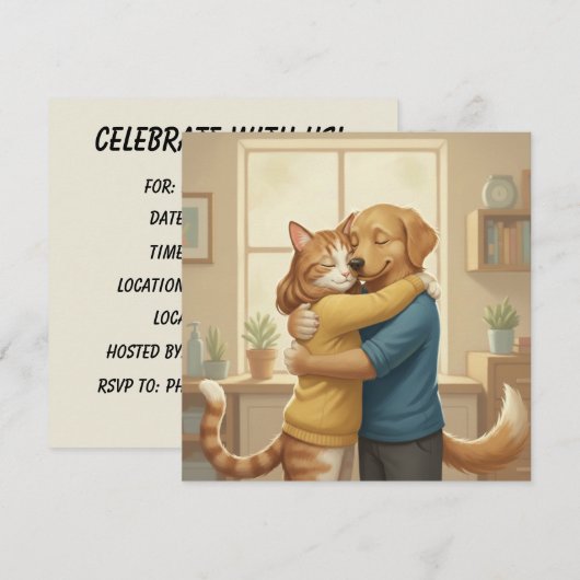 Dog and Cat Hug Square Invitation Kaart (Voorkant / Achterkant)