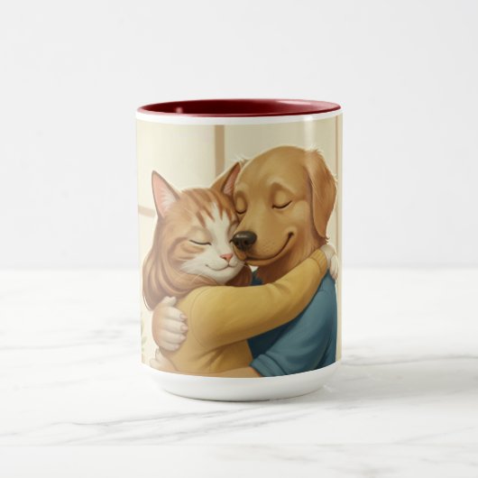 Dog and Cat Hug Wrap-Around Two-Tone Mug Mok (Midden)