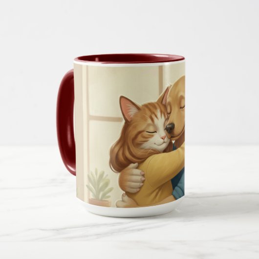 Dog and Cat Hug Wrap-Around Two-Tone Mug Mok (Voorkant links)