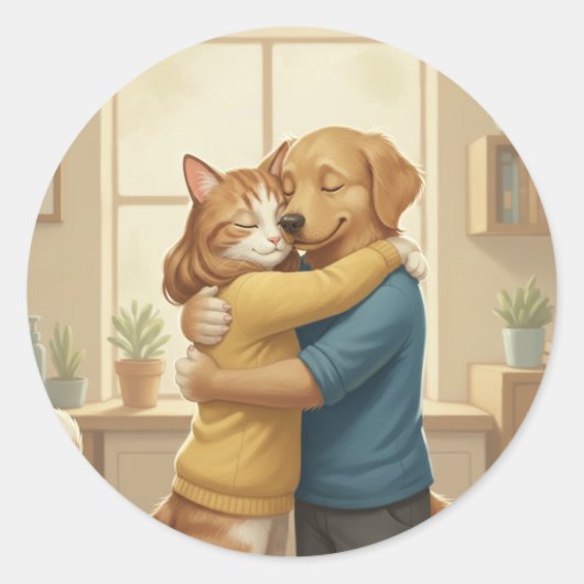 Dog and Cat Hugging Classic Round Sticker (Voorkant)