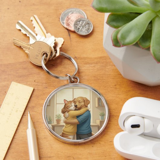 Dog and Cat Hugging Keychain (Bureau)
