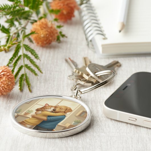 Dog and Cat Hugging Keychain (Zijkant)