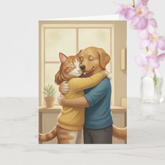 Dog and Cat Hugging Romantic Greeting Card Kaart (Orchidee)