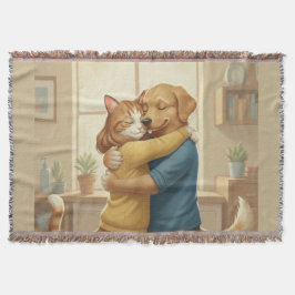 Dog and Cat Hugging Whimsical Woven Throw Blanket Deken