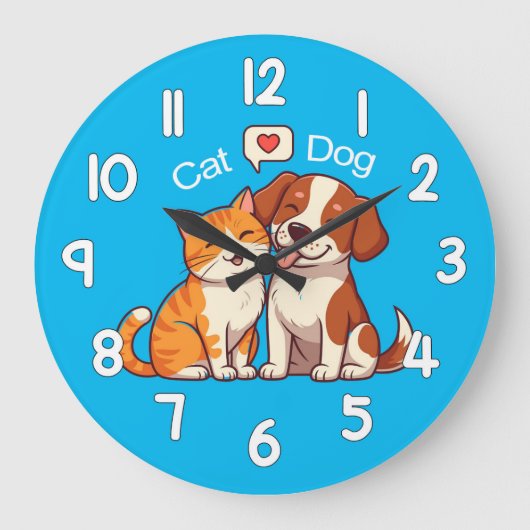 Dog and Cat Wall Clock – Cute Pets Animal Home Dec Grote Klok (Voorkant)