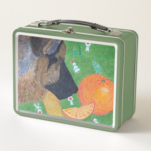 Dog and orange metal lunch box (Voorkant)