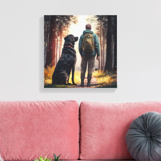 Dog and Owner Relaxing in Tranquil Forest Canvas Afdruk (Insitu (Woonkamer))