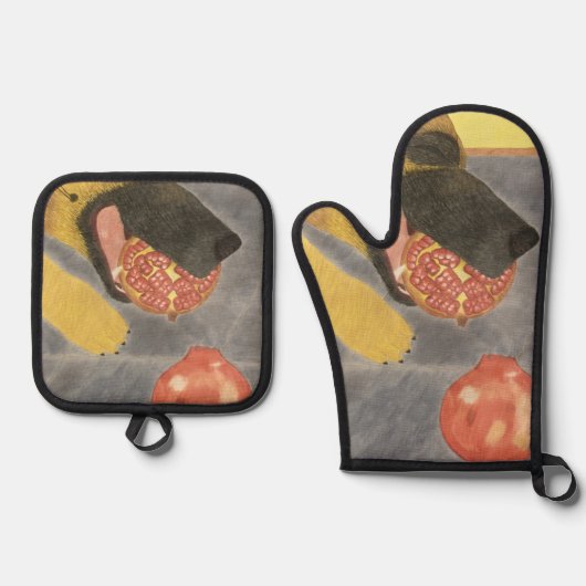 Dog and pomegranate oven mitt & pot holder set (Voorkant)