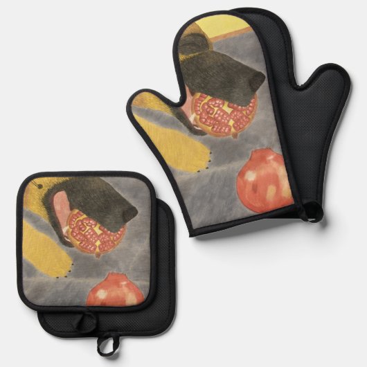 Dog and pomegranate oven mitt & pot holder set (Voorkant / Achterkant)