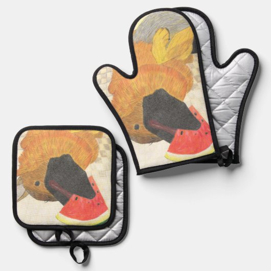 Dog and watermelon oven mitt & pot holder set (Voorkant / Achterkant)