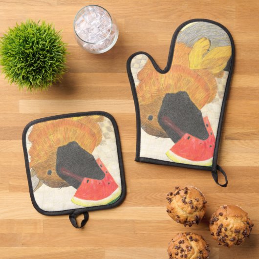 Dog and watermelon oven mitt & pot holder set (Top down)