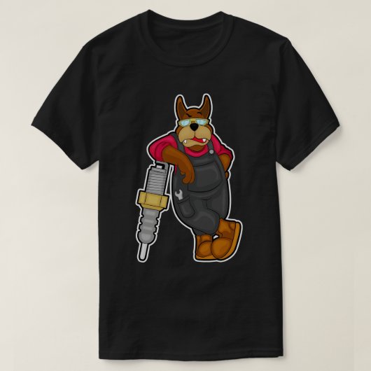 Dog as Mechanic with Spark Plug T-shirt (Design voorkant)