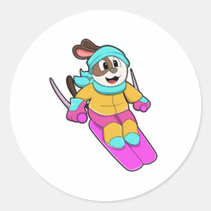Dog as Skier met Ski & Scarf Ronde Sticker