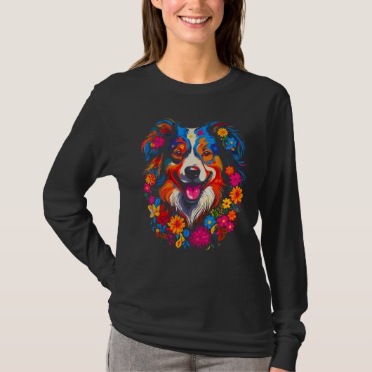 Dog Australian Shepherd Love Peace Flowers T-shirt (Voorkant)
