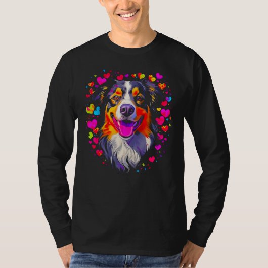 Dog Australian Shepherd Pink Red Hearts T-shirt (Voorkant)