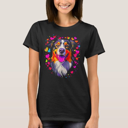 Dog Australian Shepherd Pink Red Hearts T-shirt (Voorkant)
