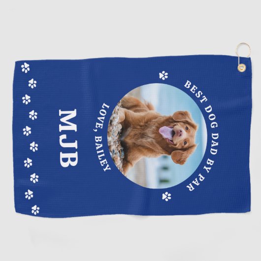Dog Best Papa Ooit Blauw Gepersonaliseerde Foto Golfhanddoek (Horizontaal)