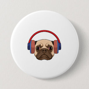 Dog bij Muziek met Hoofdtelefoon Ronde Button 7,6 Cm