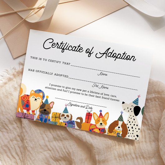 Dog Birthday laat Pawty Puppy Adoption Certificate