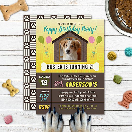Dog Birthday Party Dog House en Paws Custom Photo Kaart