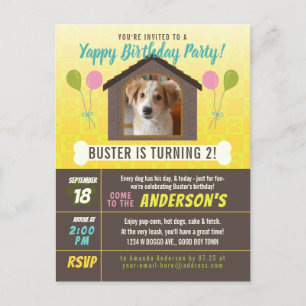 Dog Birthday Party Dog House en Paws Custom Photo Uitnodiging Briefkaart