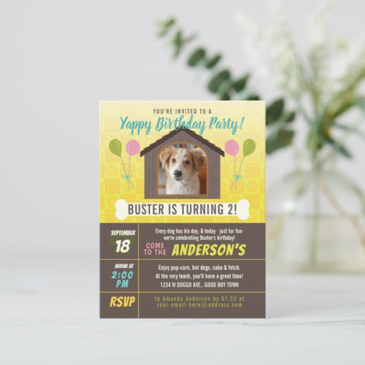 Dog Birthday Party Dog House en Paws Custom Photo Uitnodiging Briefkaart (Staand voorkant)