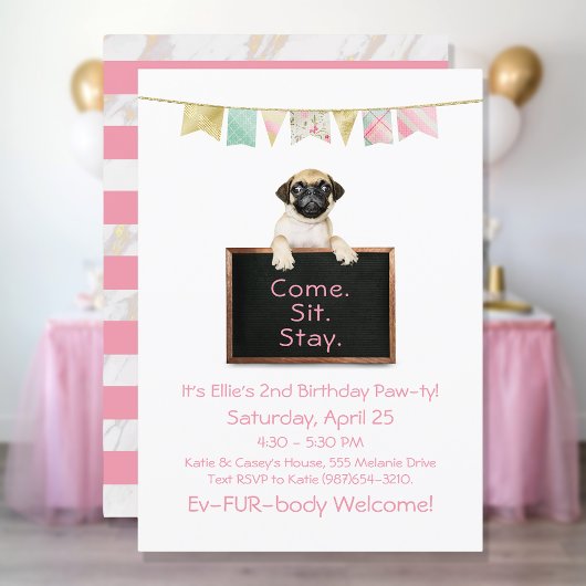 Dog Birthday Party for Girl Pug Kaart