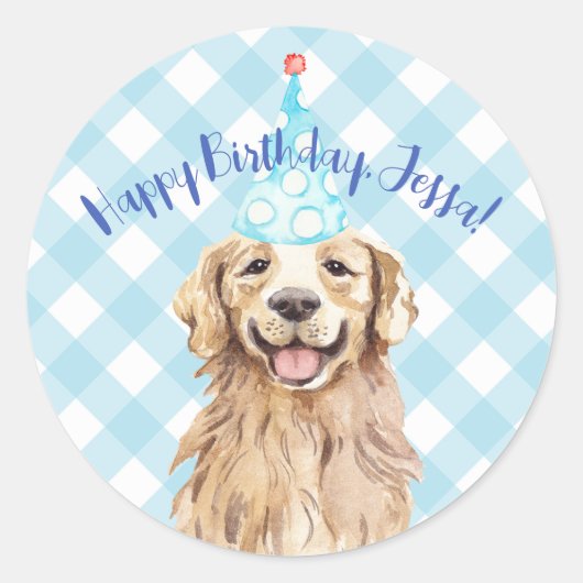 Dog Birthday Party Personalized Sticker Gingham (Voorkant)