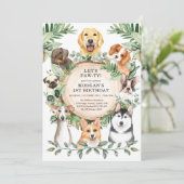 Dog Birthday Party Puppy Paw-ty Greenery Leaves Kaart (Staand voorkant)