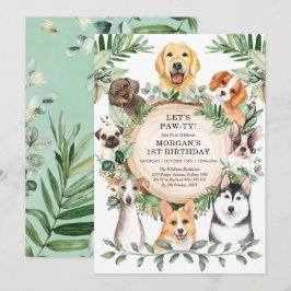Dog Birthday Party Puppy Paw-ty Greenery Leaves Kaart