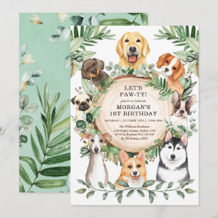 Dog Birthday Party Puppy Paw-ty Greenery Leaves Kaart