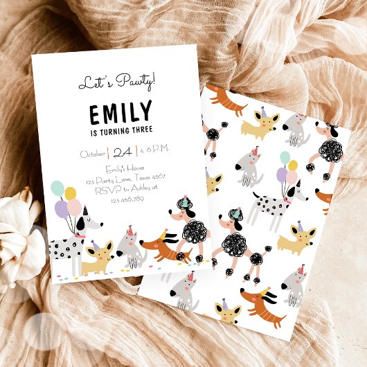 Dog Birthday Party Puppy Pawty Modern Girl Invite Kaart