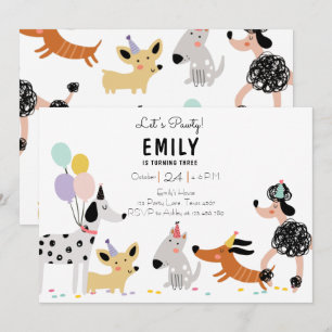 Dog Birthday Party Puppy Pawty Modern Girl Invite Kaart