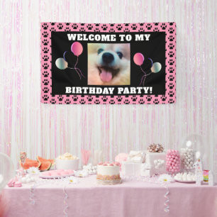 Dog Birthday Pet Foto Roze Black Paw Printerpartij Spandoek