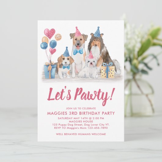 Dog Birthday Waterverf Pink Pawty Puppy Party Kaart (Staand voorkant)